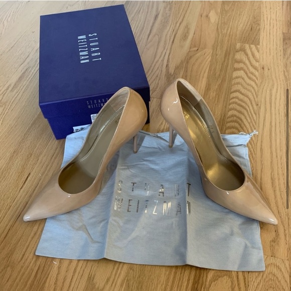 NEW Stuart Weitzman Nude Blush Patent Leather Stiletto Pointed Toe Vamp Pumps - Picture 4 of 4